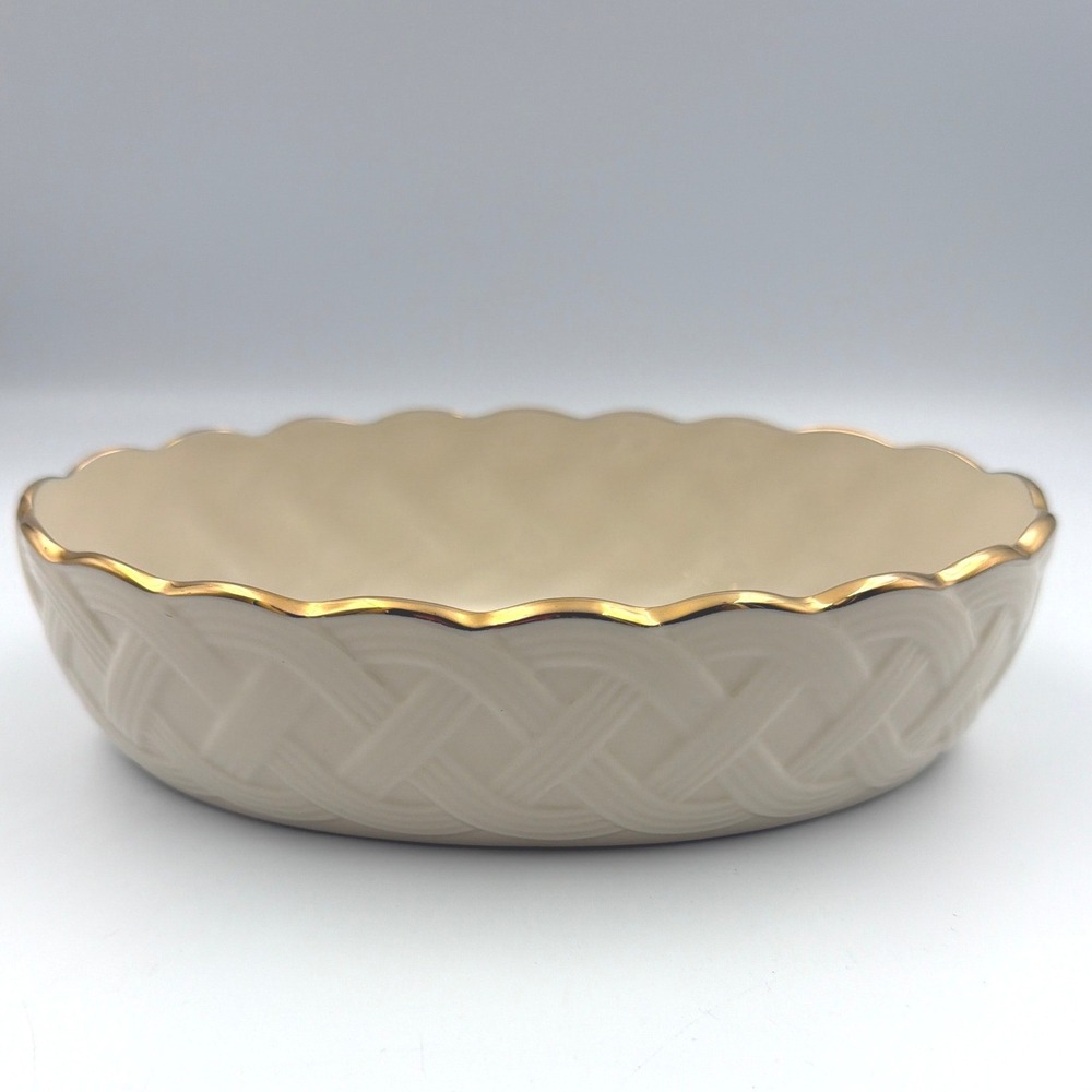 VTG Lenox Ivory Fine China Basketweave Oval Bowl Scalloped 24k Gold Trim USA
